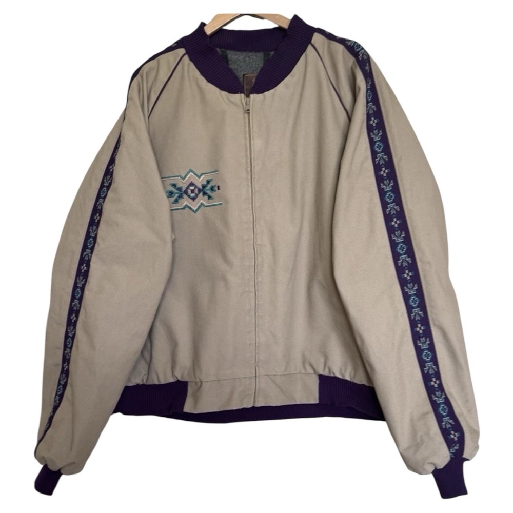 VTG David James Aztec Bomber Jacket Blanket Lined Western Mens 2XL Beige USA